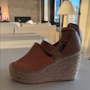 Marc Fisher Tan Leather Espadrille Wedge Sandals